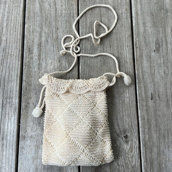 Vintage Valerie Stevens Beaded Drawstring Pouch Bag Ivory Cream Bridal Purse - Picture 2 of 10